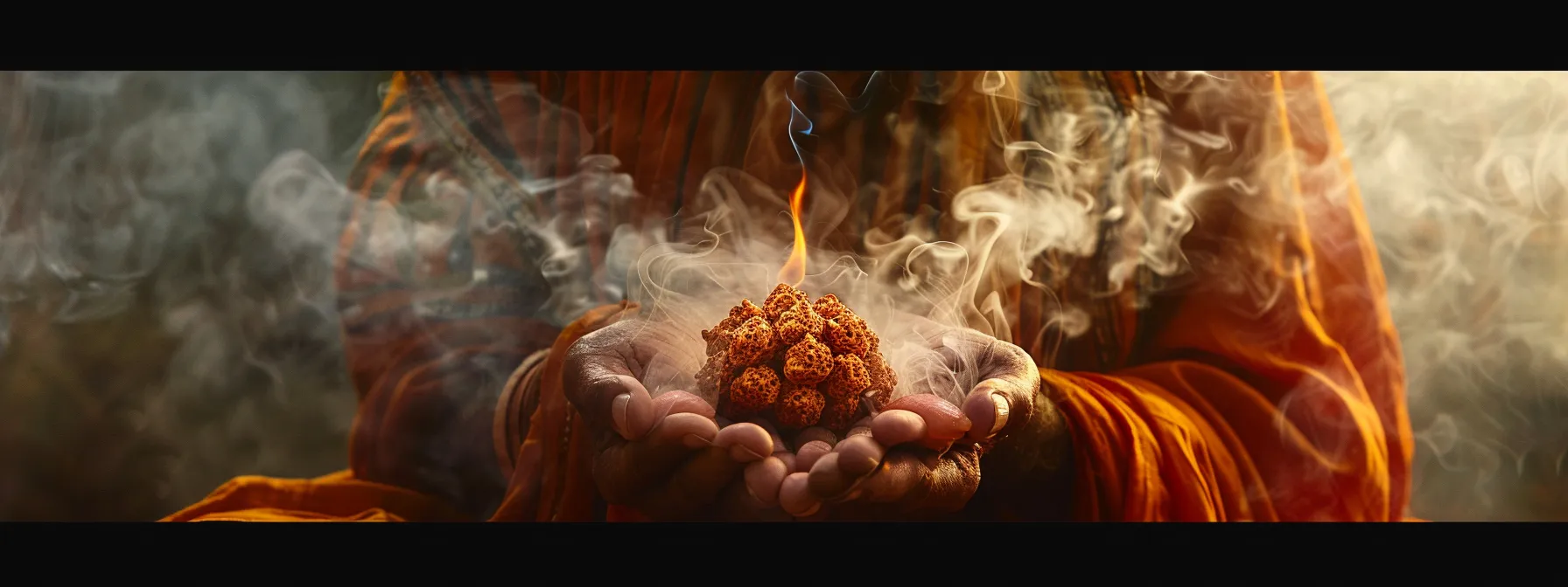 a serene meditator surrounded by incense smoke, clutching a glowing twenty mukhi rudraksha bead in their hands.