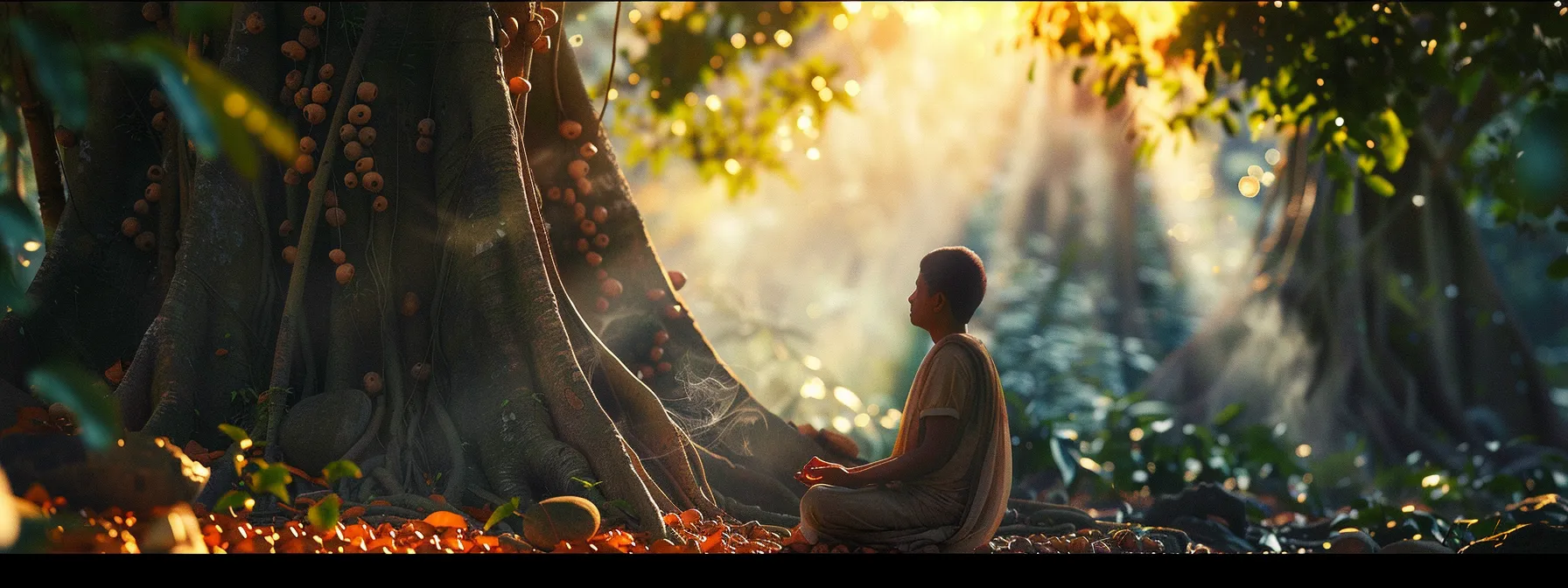 a serene meditator surrounded by lush, sacred rudraksha trees, basking in their protective and healing energies.