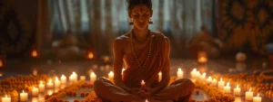 a serene meditator surrounded by soft candlelight, wearing a powerful fifteen mukhi rudraksha bead necklace, radiating peace and enlightenment.