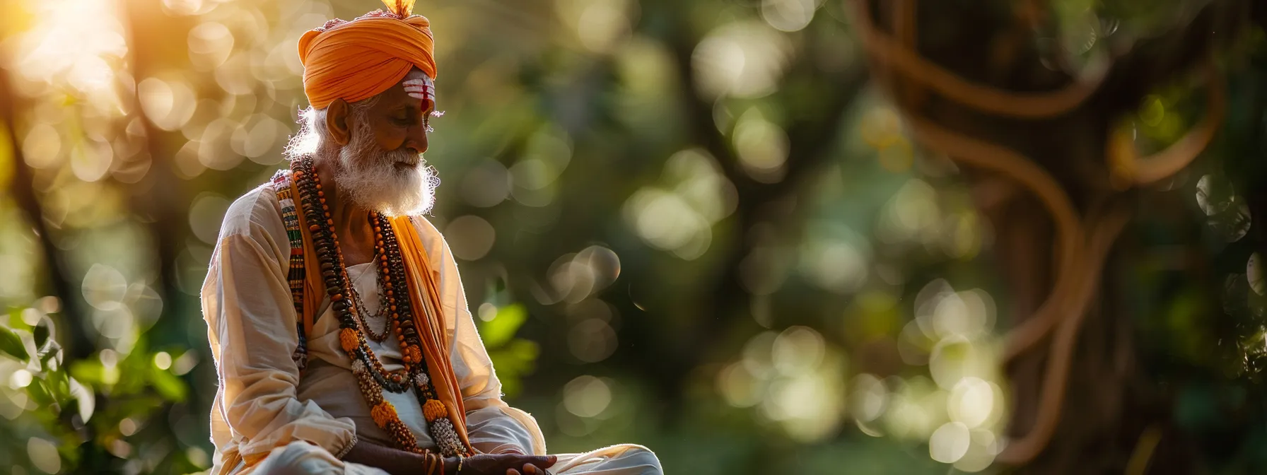 a serene meditator wearing a fifteen mukhi rudraksha, surrounded by a soft glow, immersed in deep contemplation.