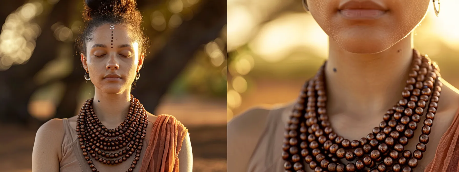 a serene meditator wearing a necklace of shiny, dark rudraksha beads, surrounded by a calming natural environment.