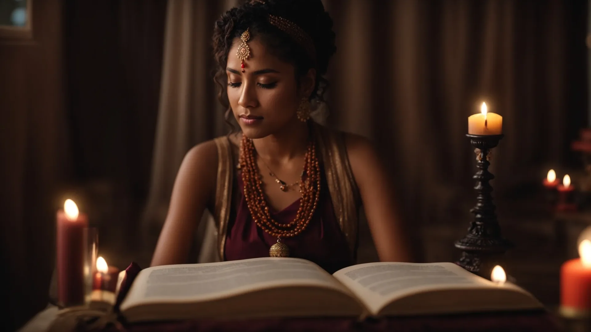 a serene meditator wearing a nine mukhi rudraksha necklace surrounded by candles and spiritual books, deep in contemplation.