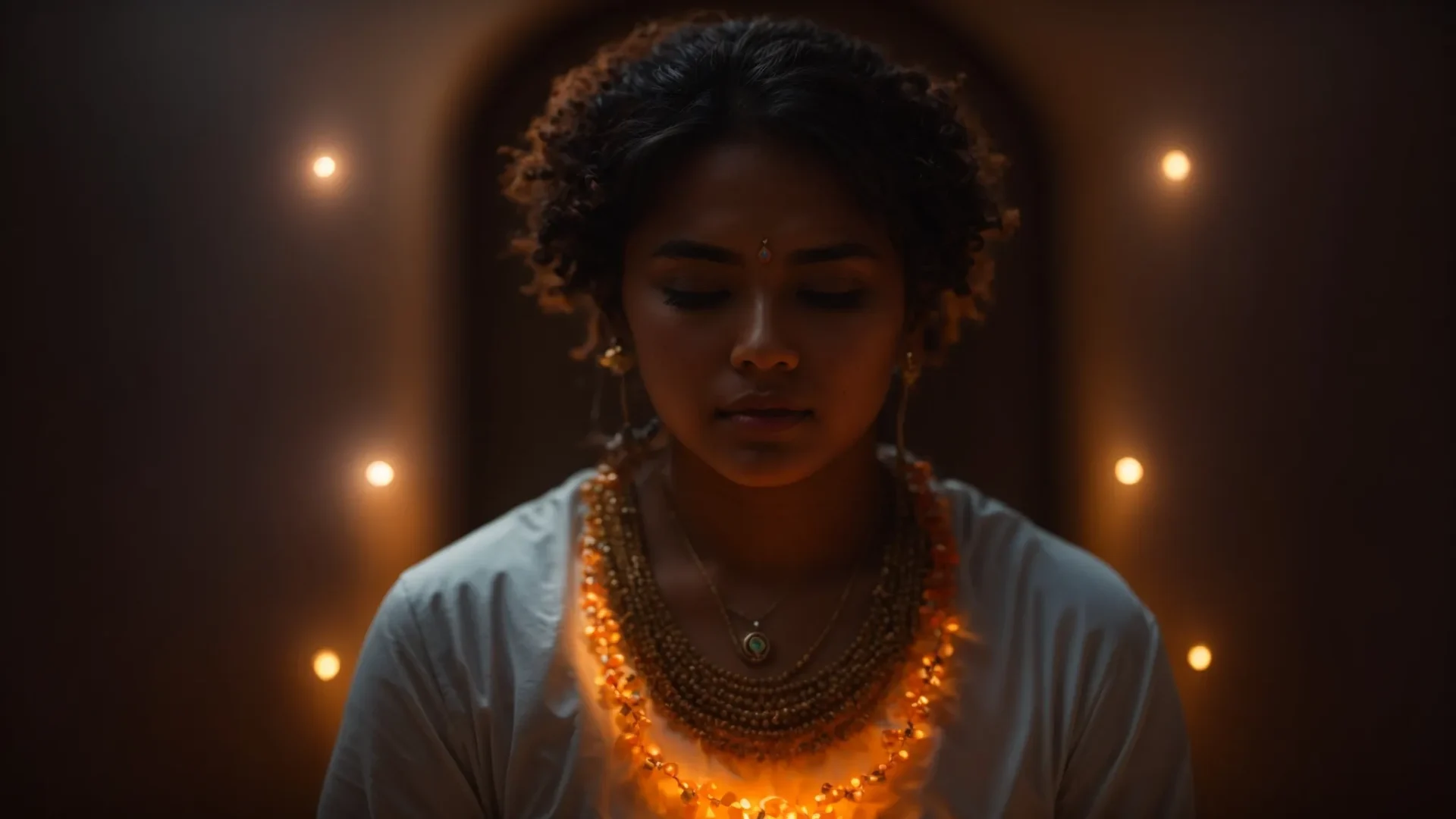 a serene meditator wearing a nine mukhi rudraksha necklace, surrounded by a glowing aura of positivity and spiritual enlightenment.