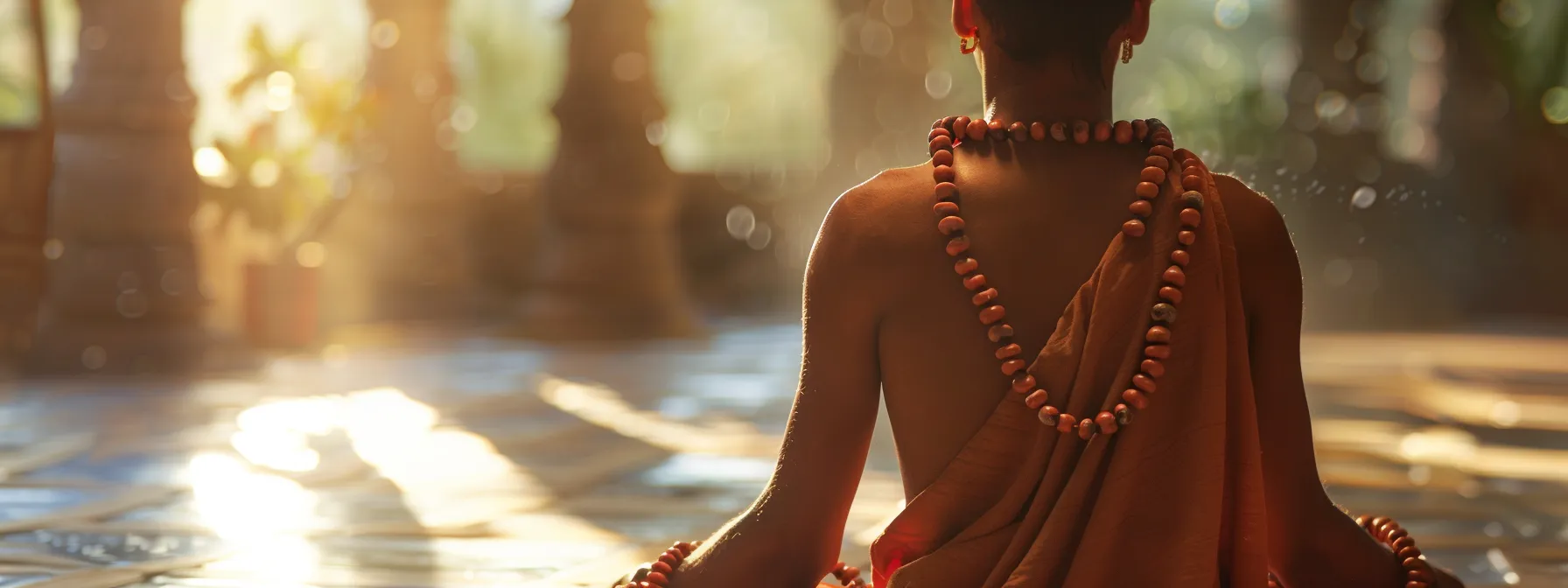 a serene meditator wearing a one mukhi rudraksha bead, radiating inner peace and clarity in a tranquil setting.