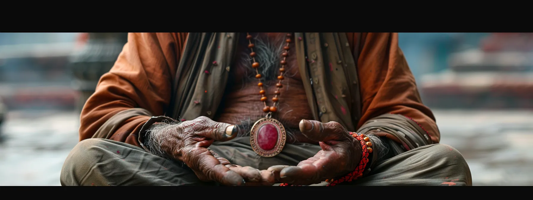 a serene meditator wearing a ruby pendant and holding a fifteen mukhi rudraksha bead, radiating calmness and confidence in front of the sacred pashupatinath temple.