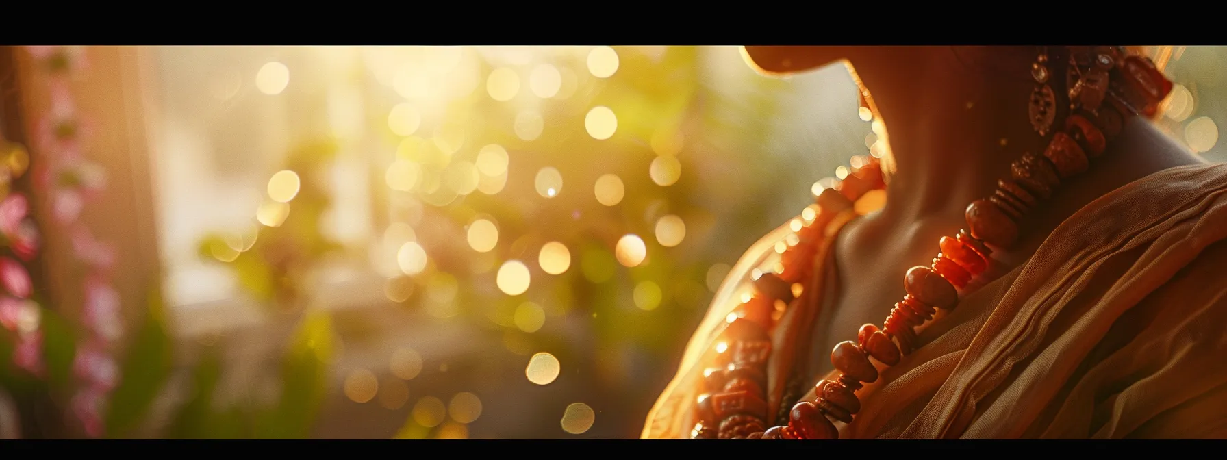 a serene meditator wearing a six mukhi rudraksha, bathed in a golden light, connecting deeply with divine wisdom and insight.