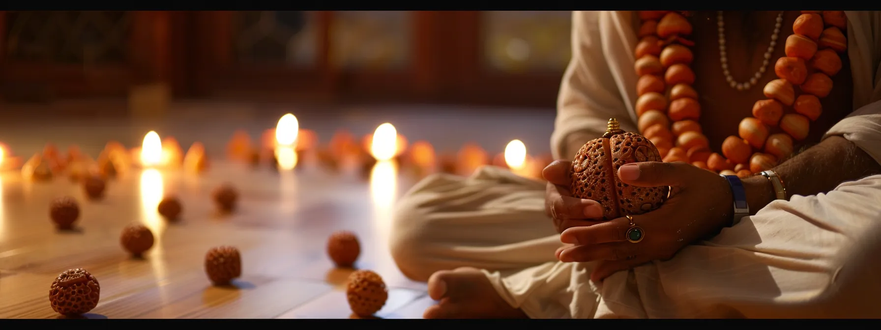 a serene meditator wearing a sixteen mukhi rudraksha bead, surrounded by other rudrakshas, deep in spiritual contemplation.