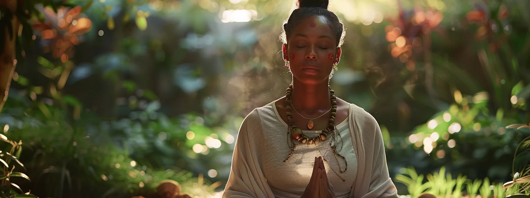 a serene meditator, wearing a three mukhi rudraksha bead, finds emotional healing in the peaceful embrace of nature.