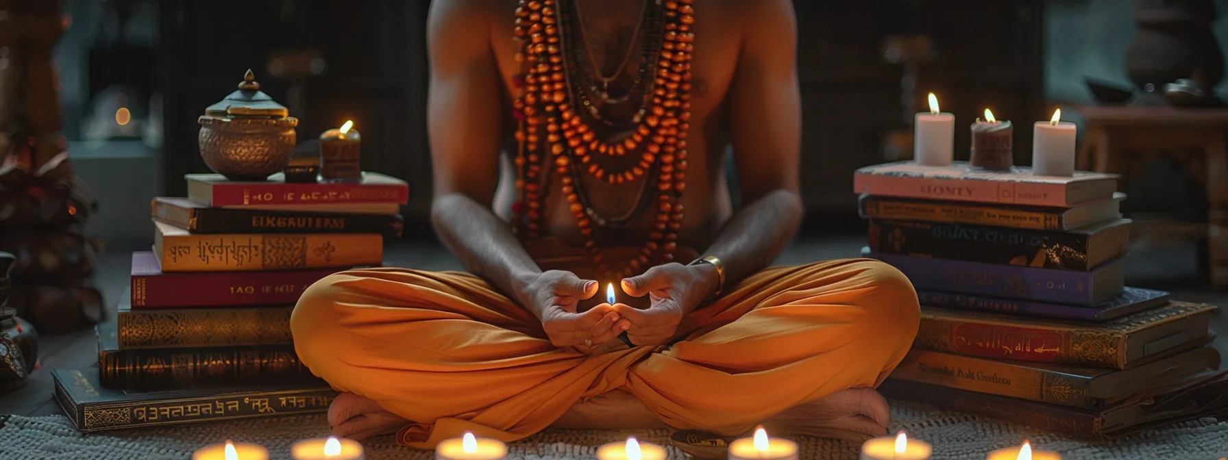 a serene meditator wearing a three mukhi rudraksha necklace, surrounded by spiritual books and candles, symbolizing a journey towards enhanced spiritual growth and transformation.