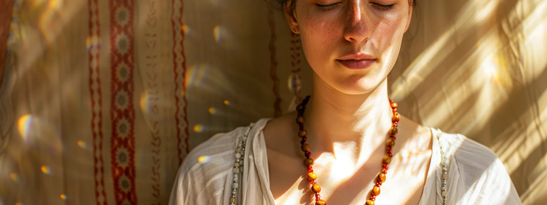 a serene meditator wearing a two mukhi rudraksha necklace, radiating inner peace and spiritual harmony.