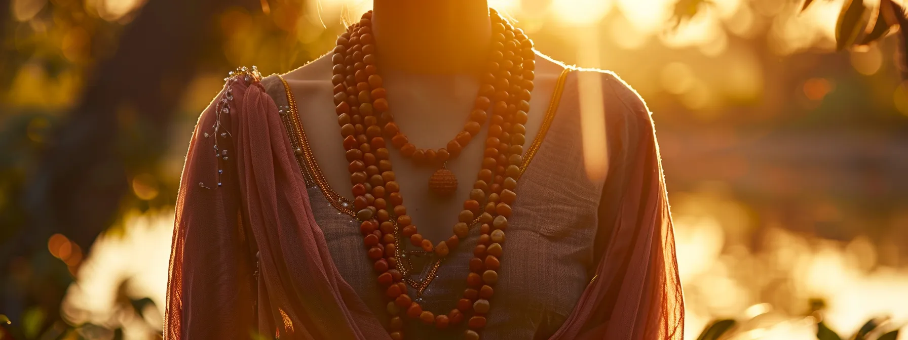 a serene meditator wearing an eleven mukhi rudraksha necklace, surrounded by peaceful nature, reflecting inner peace and spiritual enlightenment.