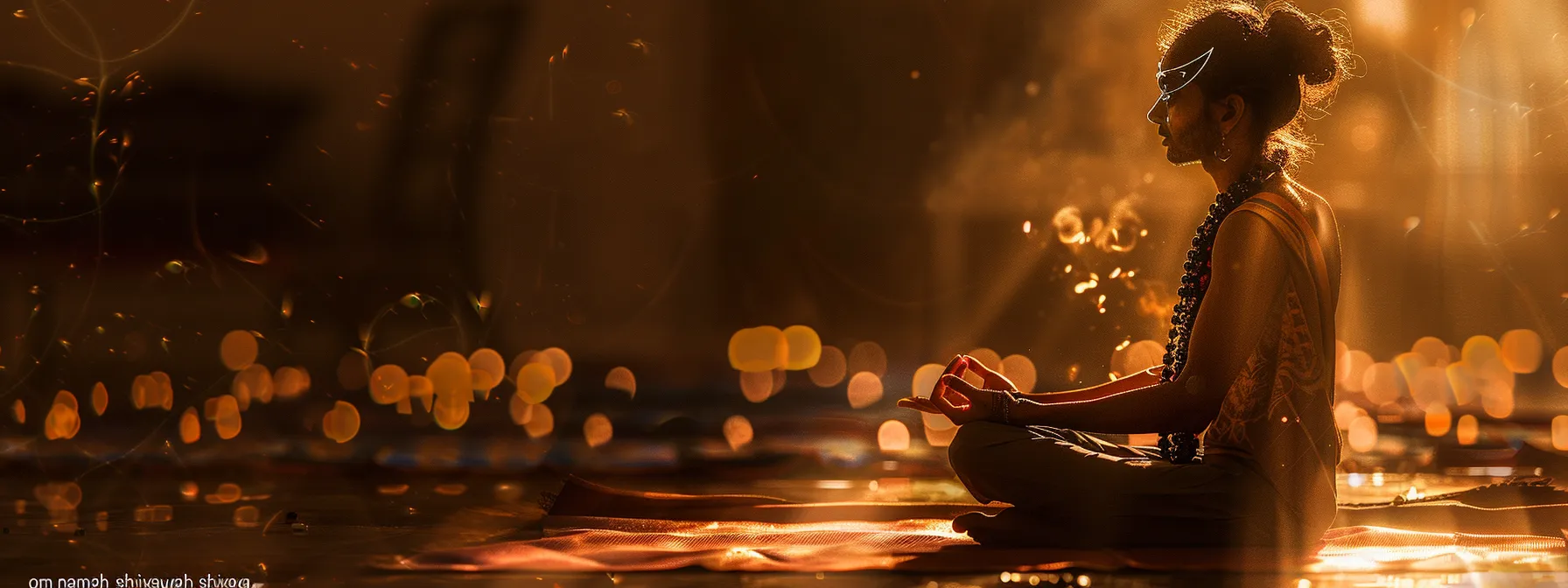 a serene meditator wearing the three mukhi rudraksha, bathed in golden light, connecting with the divine through the power of 