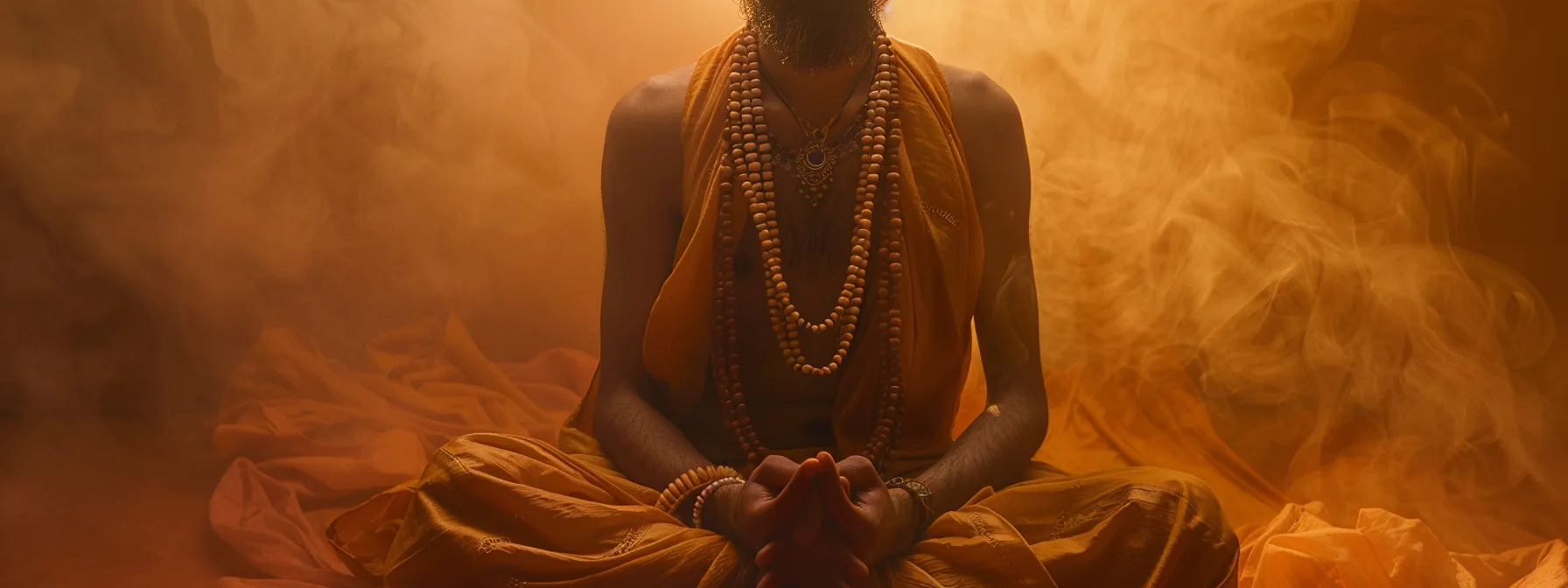 a serene meditator wearing the twenty one mukhi rudraksha bead, deep in spiritual practice, surrounded by a gentle aura of energy and tranquility.