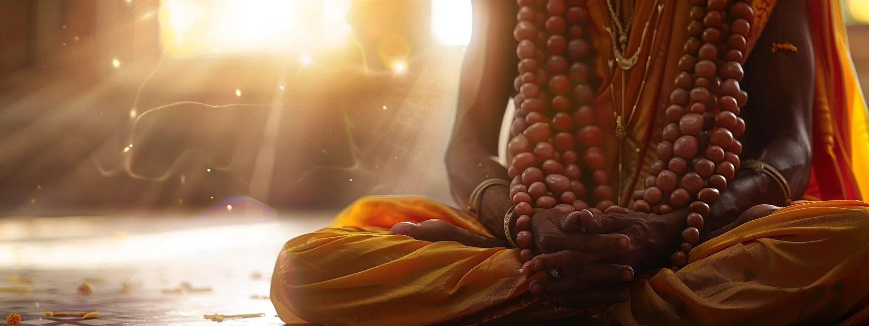 a serene meditator wearing the twenty one mukhi rudraksha bead, radiating wisdom and spirituality.