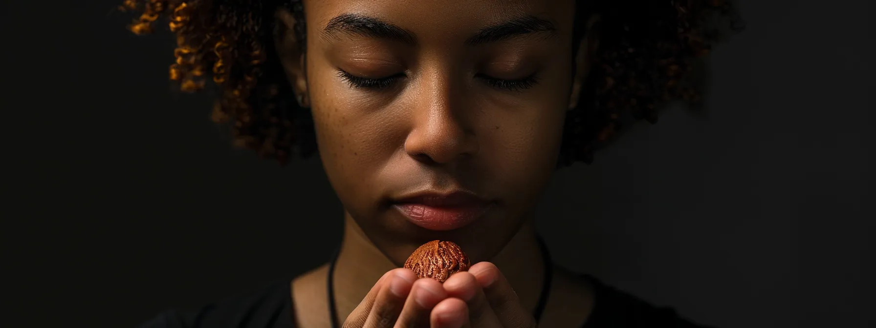 a serene meditator with closed eyes, holding the twenty mukhi rudraksha bead, surrounded by a calming aura of spiritual energy.