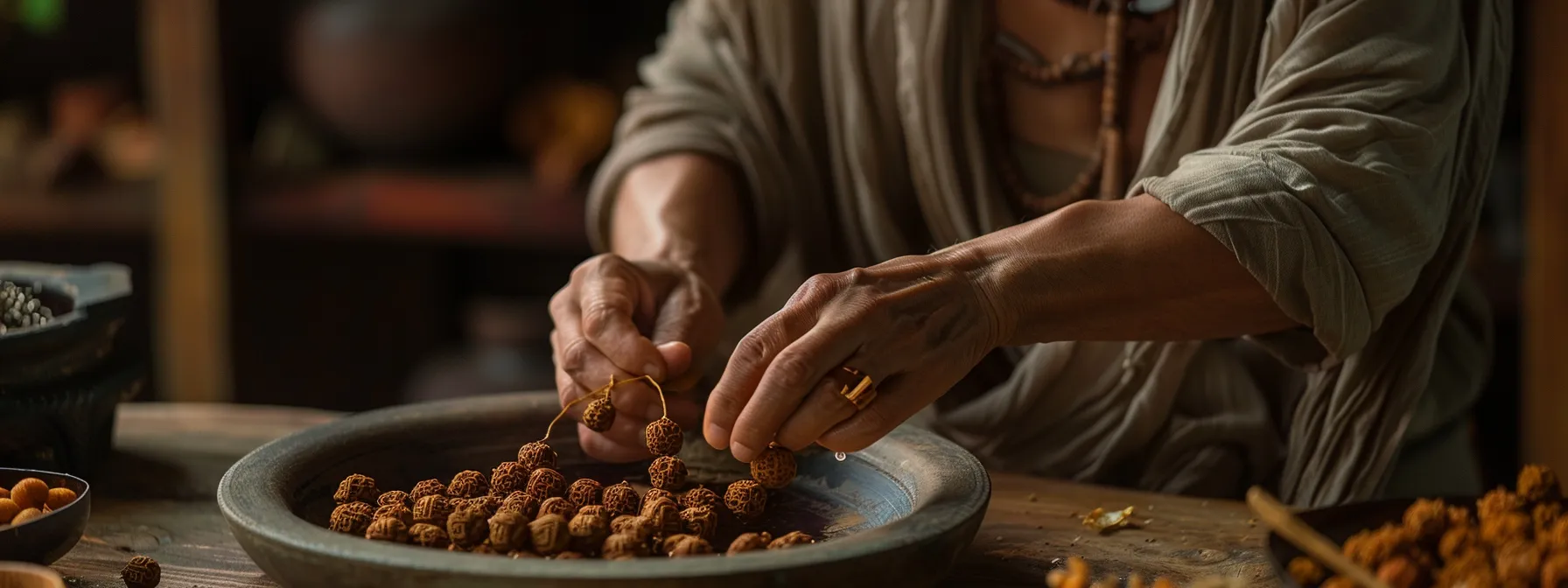 a serene moment as a practitioner carefully strings the twenty mukhi rudraksha onto a sacred chain, preparing to engage with its powerful energies.