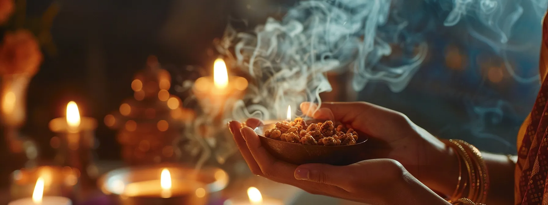 a serene moment captured as a person delicately places a sixteen mukhi rudraksha bead on their forehead, surrounded by soft candlelight and incense smoke.