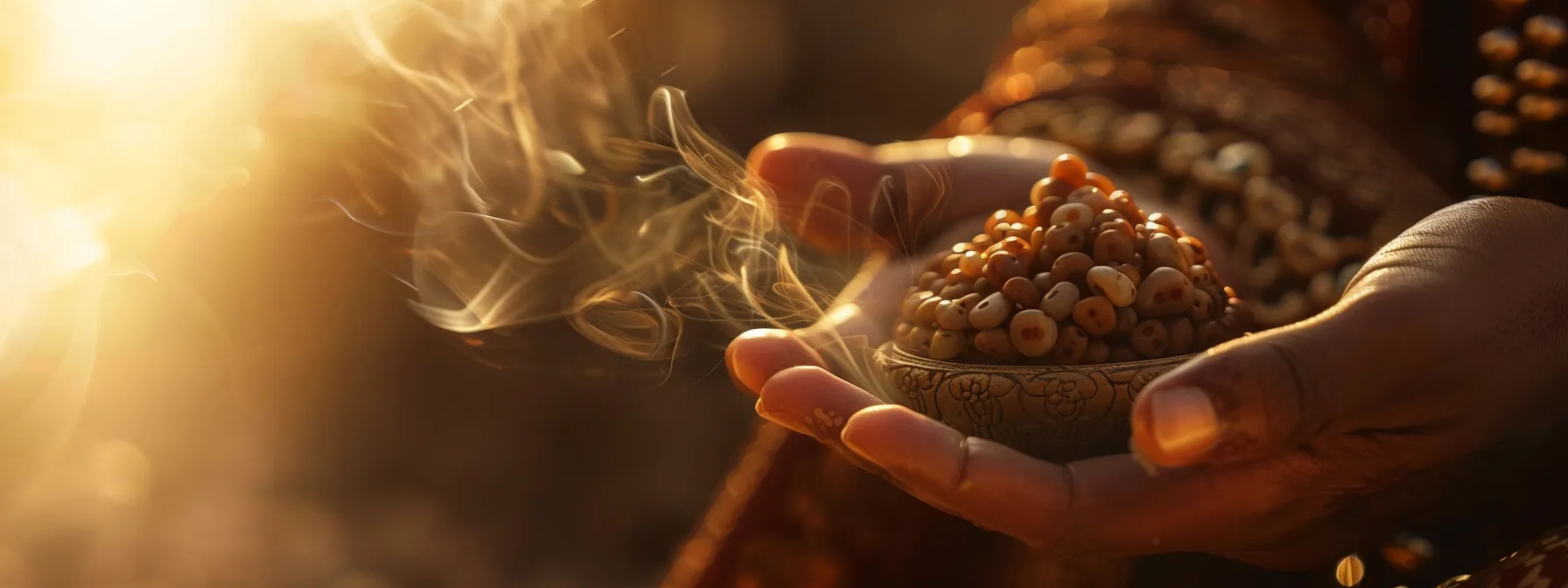 a serene moment captured as a seeker wears the one mukhi rudraksha, radiating a sense of inner peace and spiritual connection.