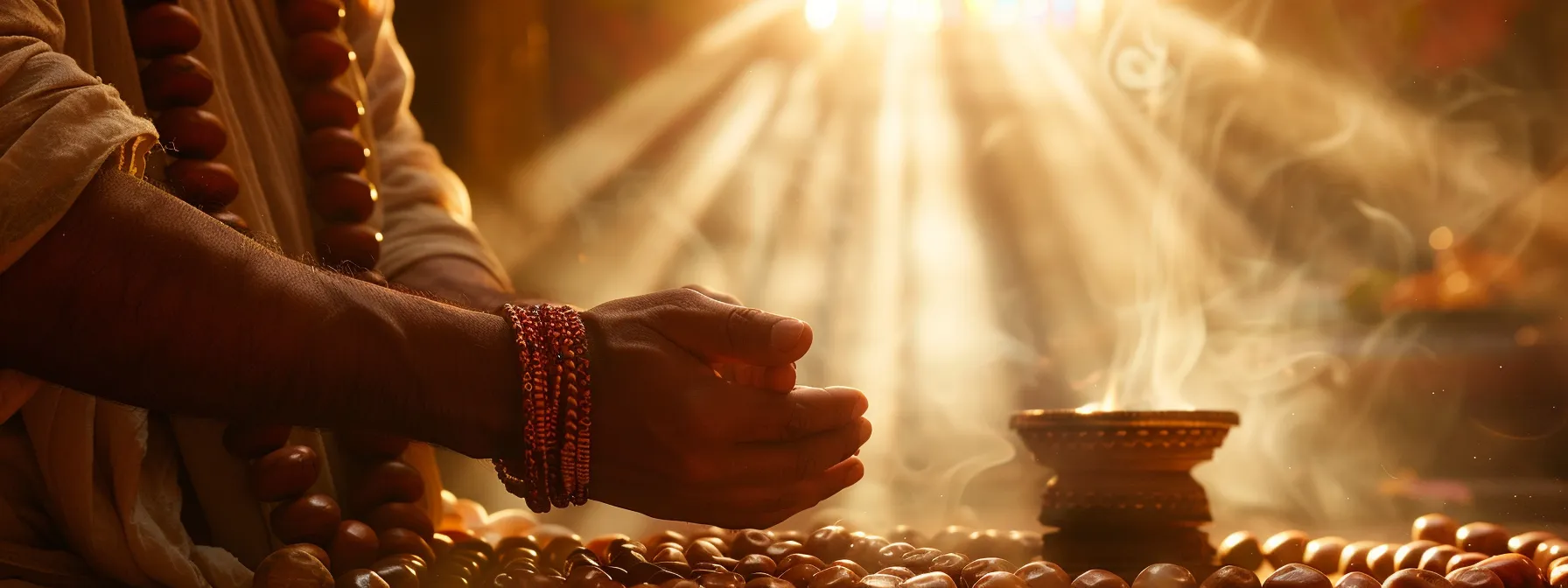 a serene moment of a person performing purification rituals on a radiant ten mukhi rudraksha necklace under a soft beam of light.