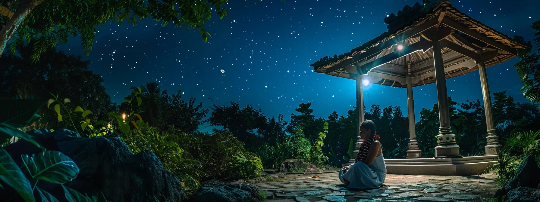 a serene, moonlit night with a person wearing rudraksha beads under a canopy of stars.