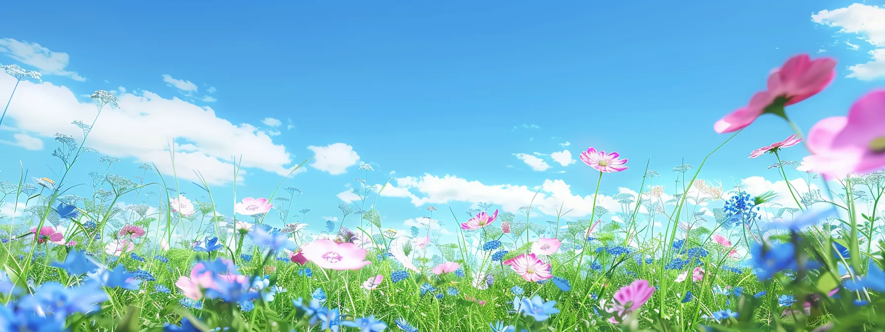 a serene, open field with vibrant flowers blooming under a clear blue sky, symbolizing the transformative power of psych-k as a healing modality.