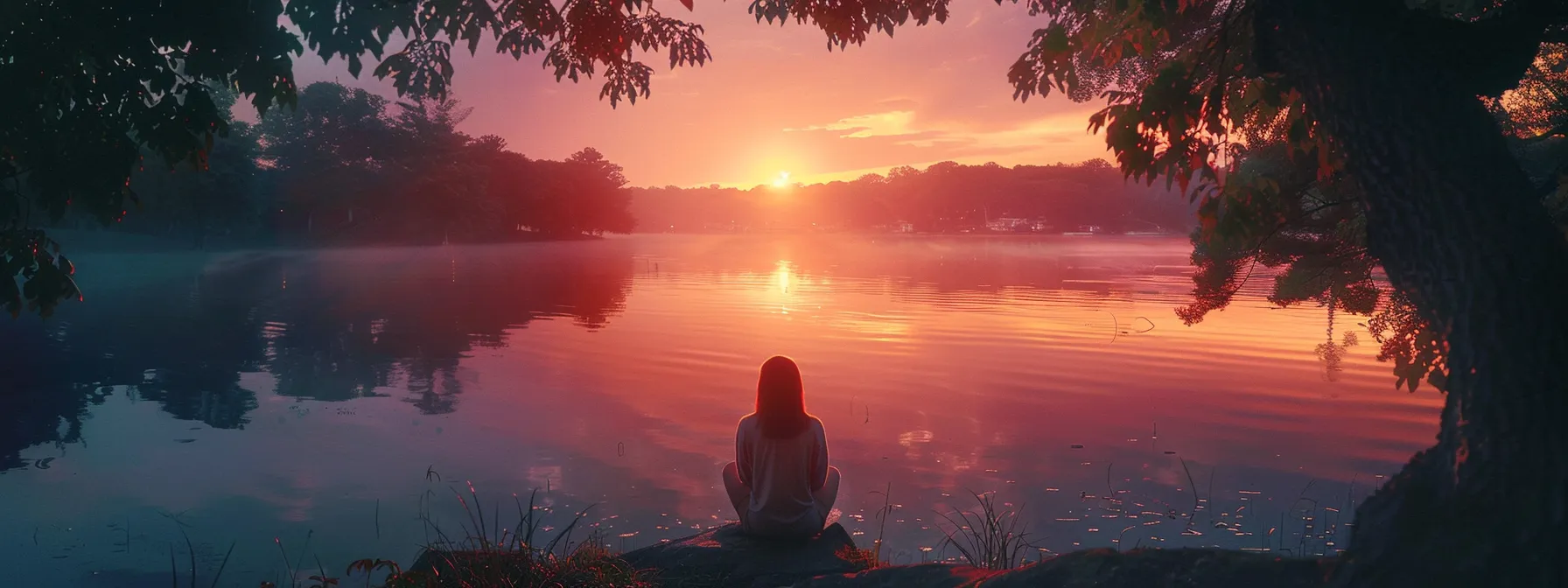 a serene outdoor setting with a peaceful lake reflecting the colors of a vibrant sunset, symbolizing the beginning of your transformative psych-k journey.