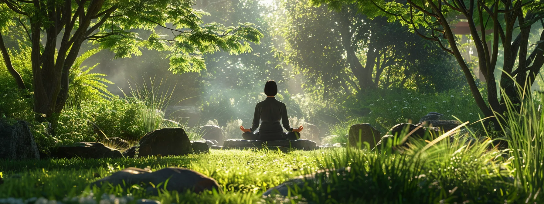 a serene outdoor setting with a person practicing deep breathing and mindfulness techniques to achieve cardiac harmony and reduce stress in daily life.