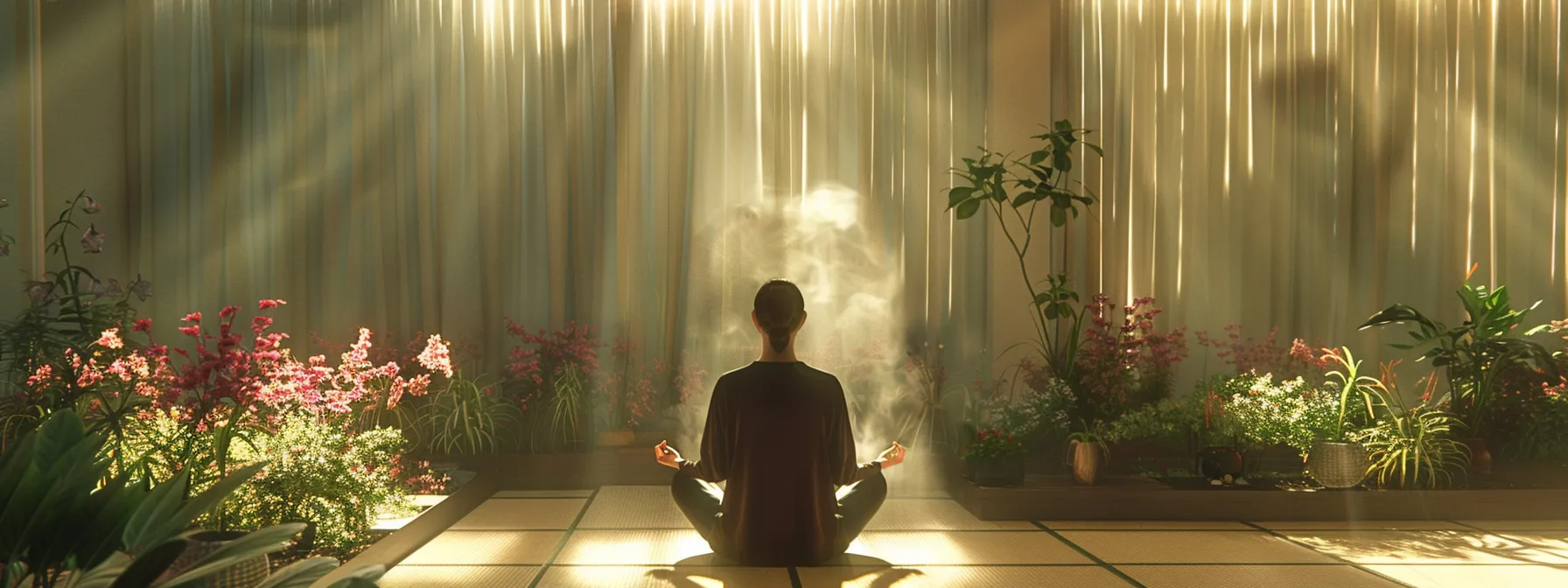 a serene person meditating in a peaceful room surrounded by affirmations and positive energy.