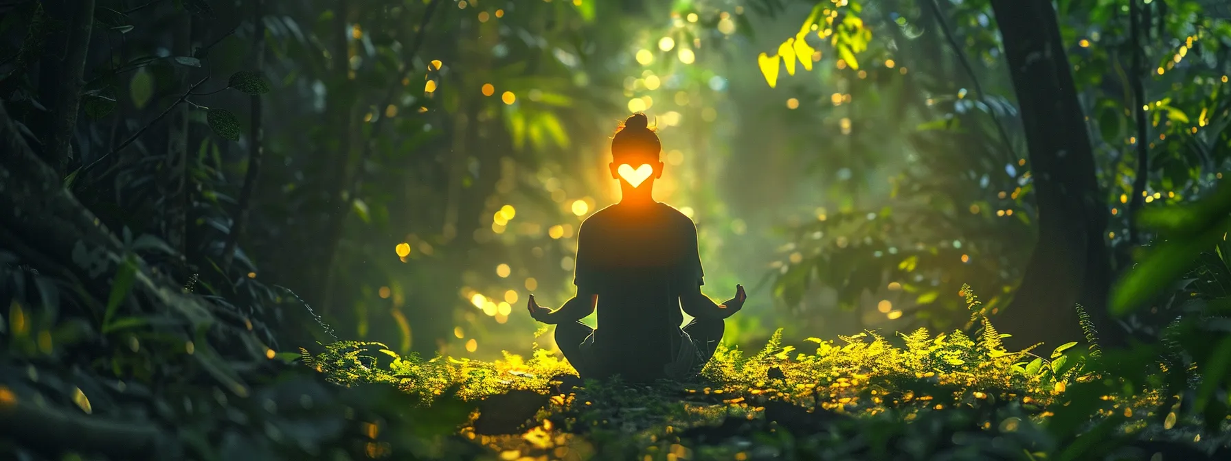 a serene person meditating in a lush green forest, with a glowing heart floating above their chest, symbolizing the harmonious connection between heart and mind.