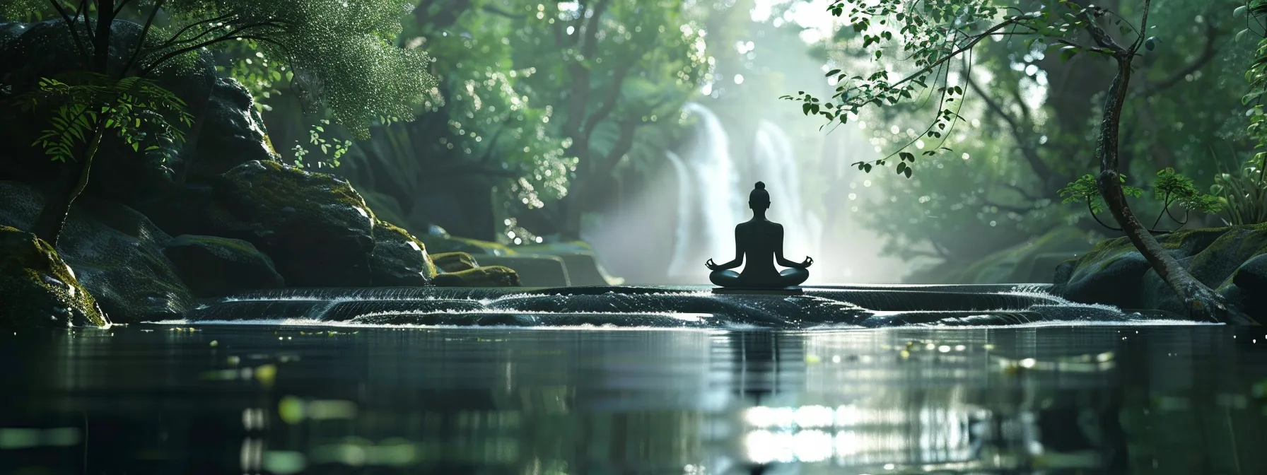 a serene person meditating in a peaceful natural setting, surrounded by lush greenery and flowing water.