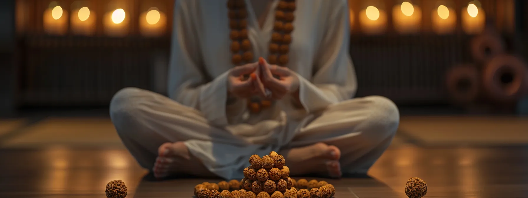 a serene person meditating peacefully with a glowing one mukhi rudraksha necklace around their neck.