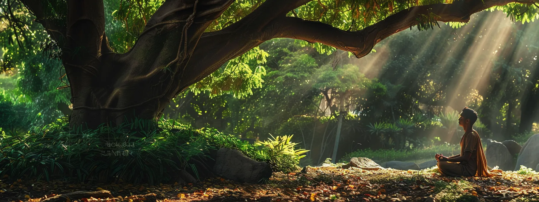 a serene person meditating under a tree adorned with the powerful fifteen mukhi rudraksha bead, surrounded by a tranquil garden setting.