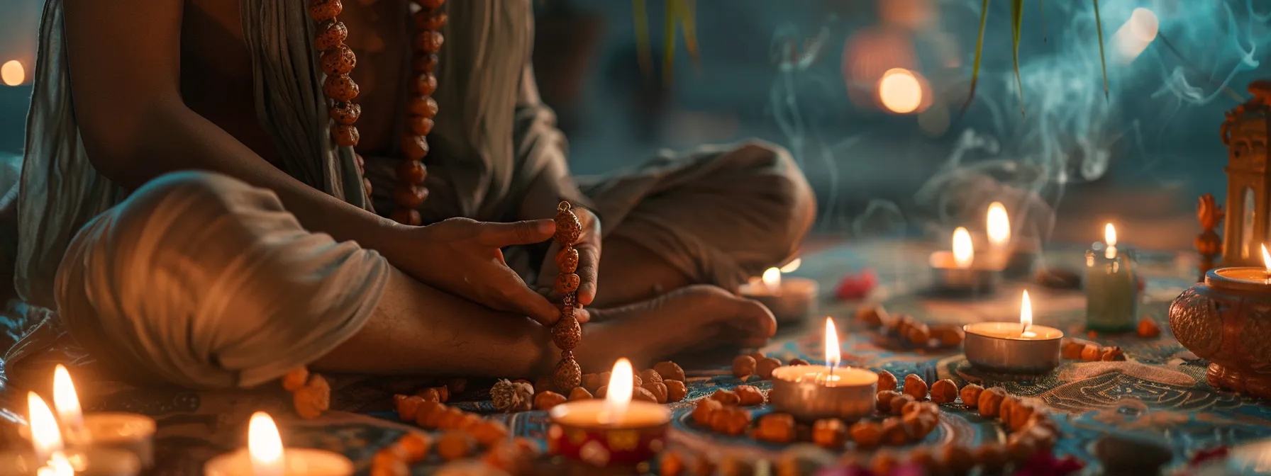 a serene person meditating with a three mukhi rudraksha bead hanging delicately around their neck, surrounded by candles and incense, creating a peaceful and spiritual atmosphere.