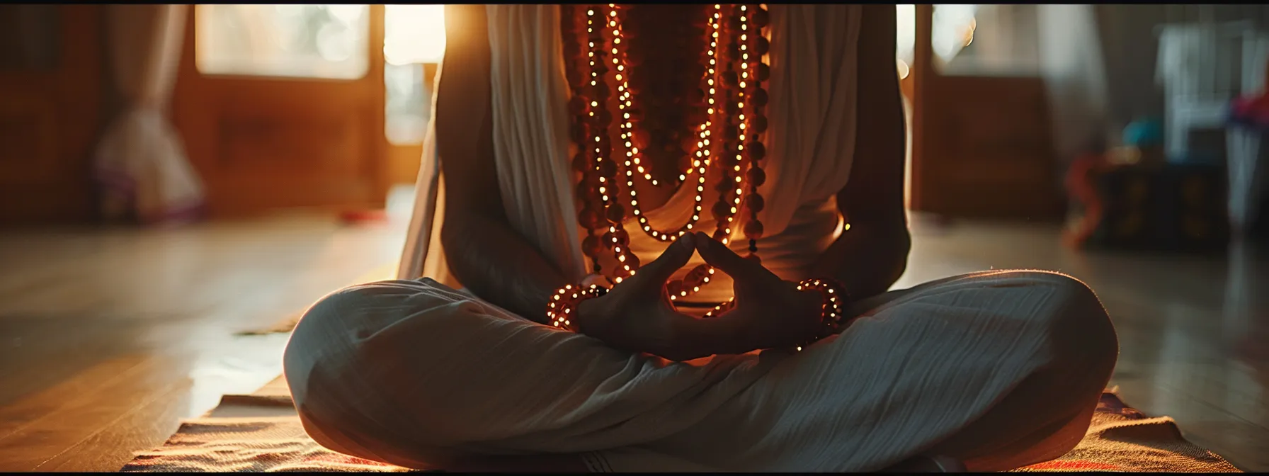 a serene person meditating with a glowing eight mukhi rudraksha necklace, surrounded by a halo of inner peace and clarity.