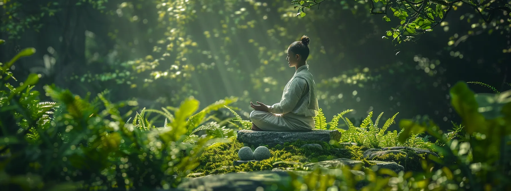 a serene person sitting cross-legged outdoors on a bed of grounding hematite stones, surrounded by lush greenery and quietly chanting a mantra.