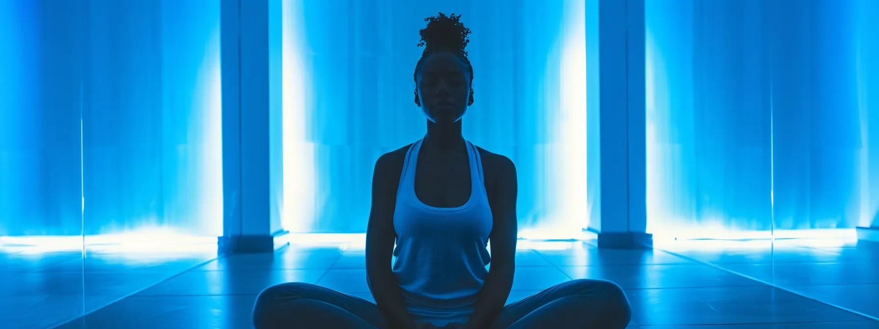 a serene person surrounded by a calming blue light, practicing deep breathing to regulate their emotions.