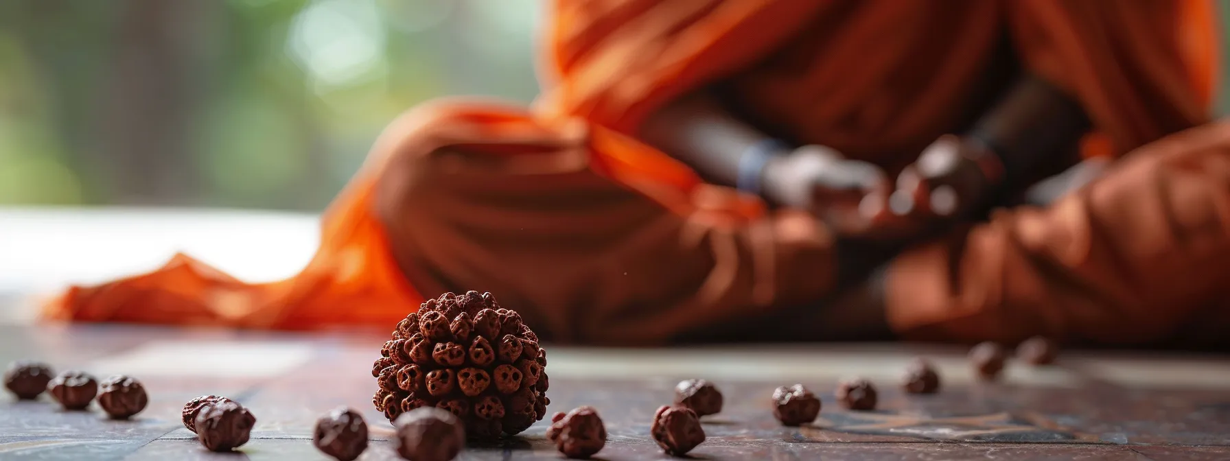 a serene person wearing an activated eighteen mukhi rudraksha bead while engaged in meditation, surrounded by a gentle aura of spiritual energy.