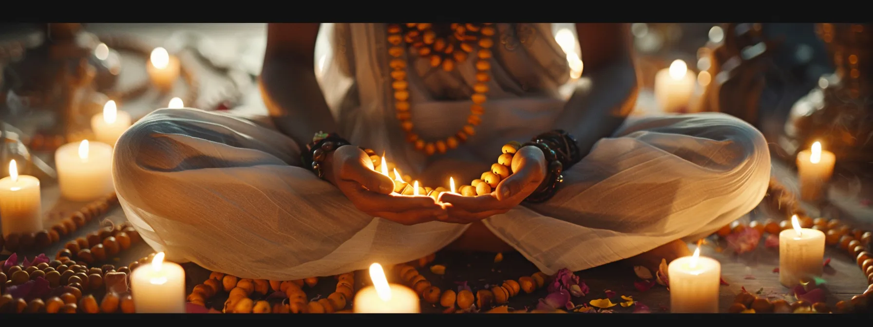 a serene person wearing an eight mukhi rudraksha necklace, surrounded by candles and incense, deep in meditation.