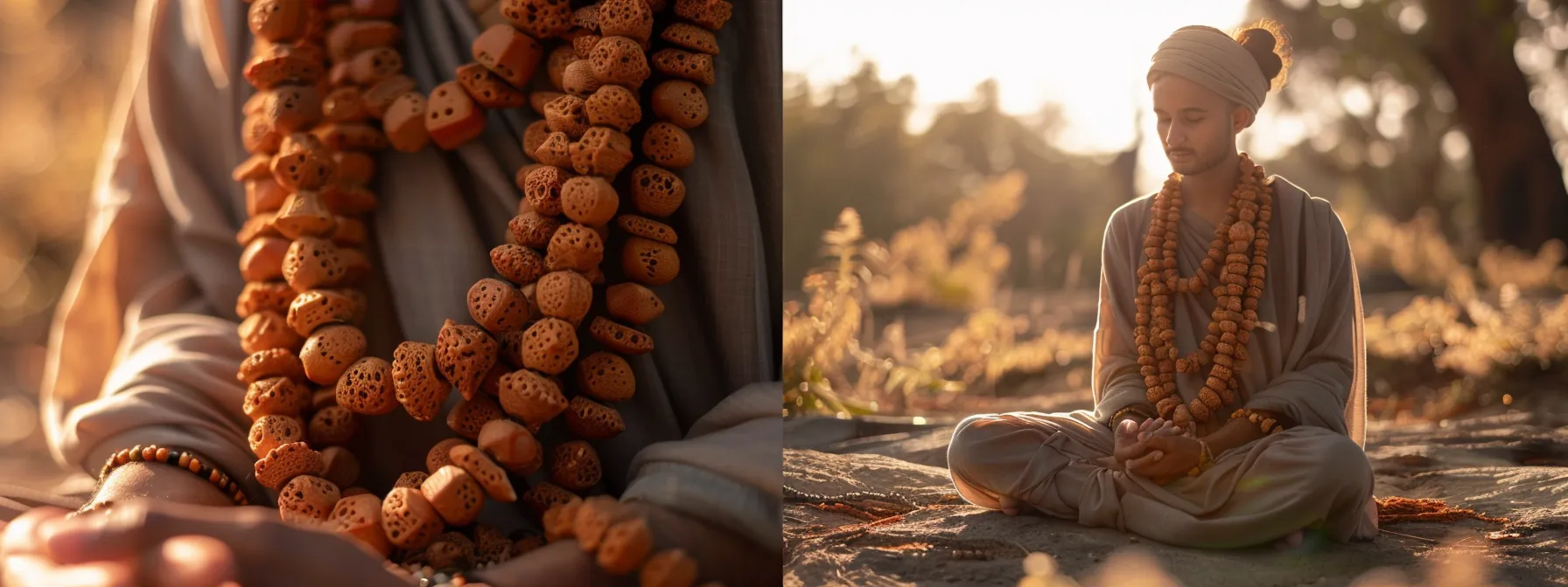 a serene photo capturing a person meditating peacefully while wearing rudraksha beads around their neck, radiating a sense of inner calm and improved physical health.