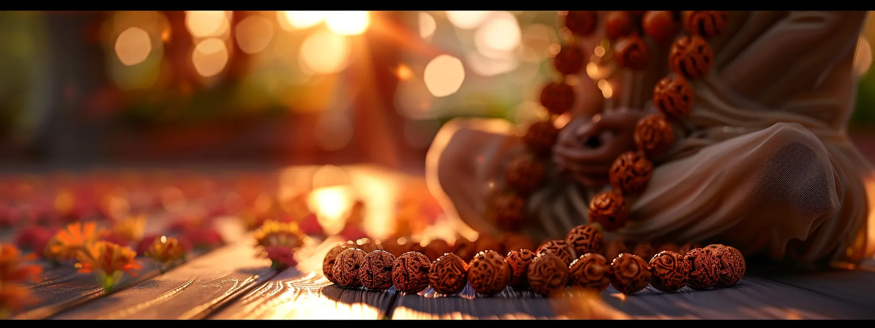 a serene photo of a person wearing a three mukhi rudraksha necklace, exuding calmness and inner peace.