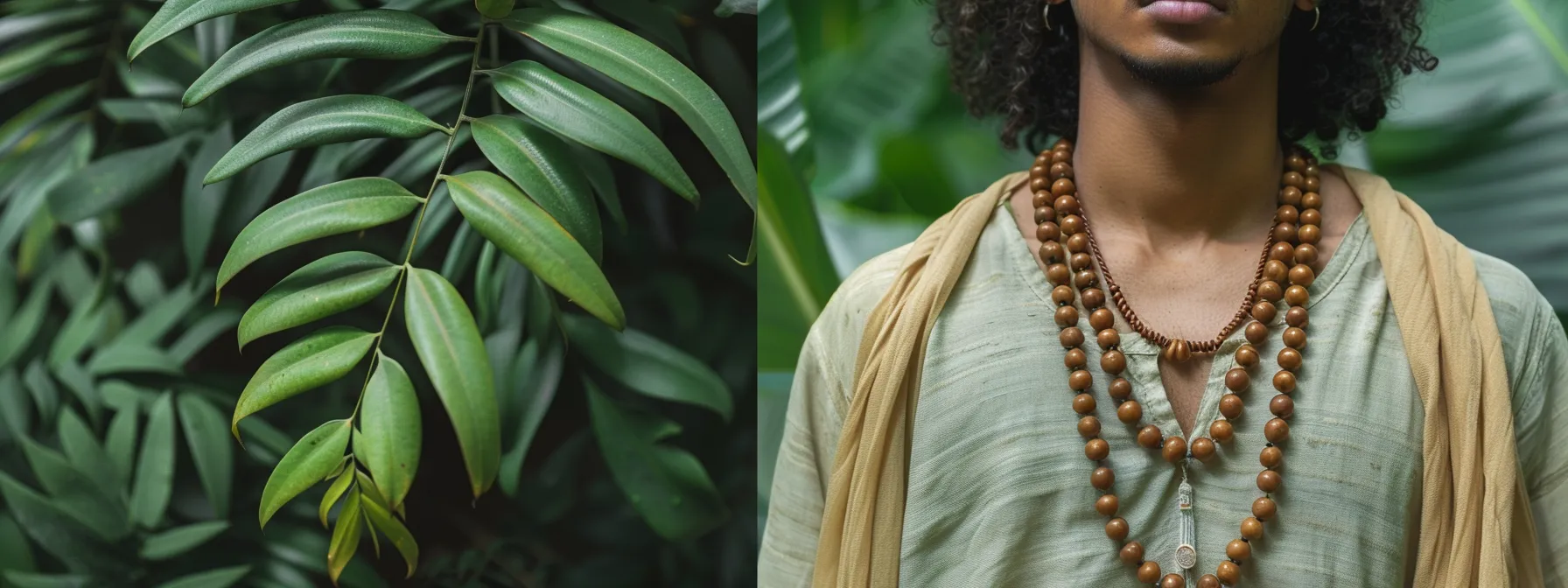 a serene photo of a person wearing a rudraksha bead necklace, surrounded by calming greenery, symbolizing the connection between rudraksha and mental well-being.