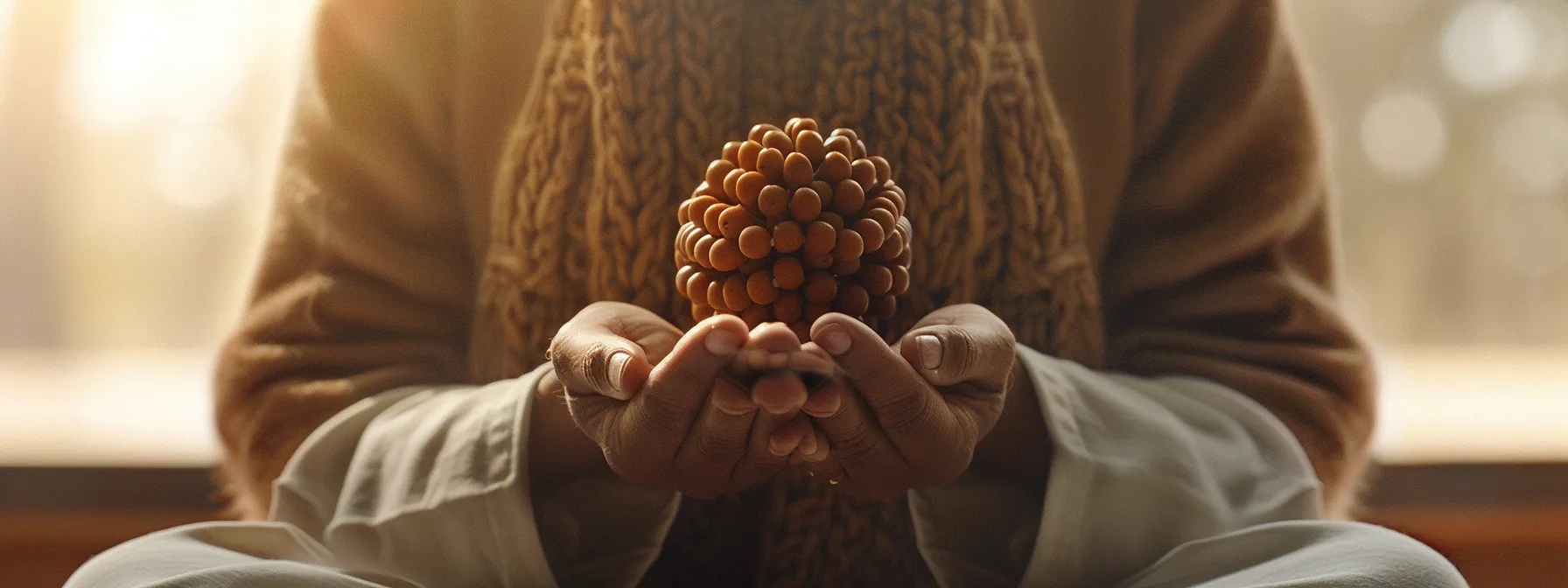 a serene photo of a person wearing an eight mukhi rudraksha, radiating inner strength and peace as they embrace their spiritual journey.