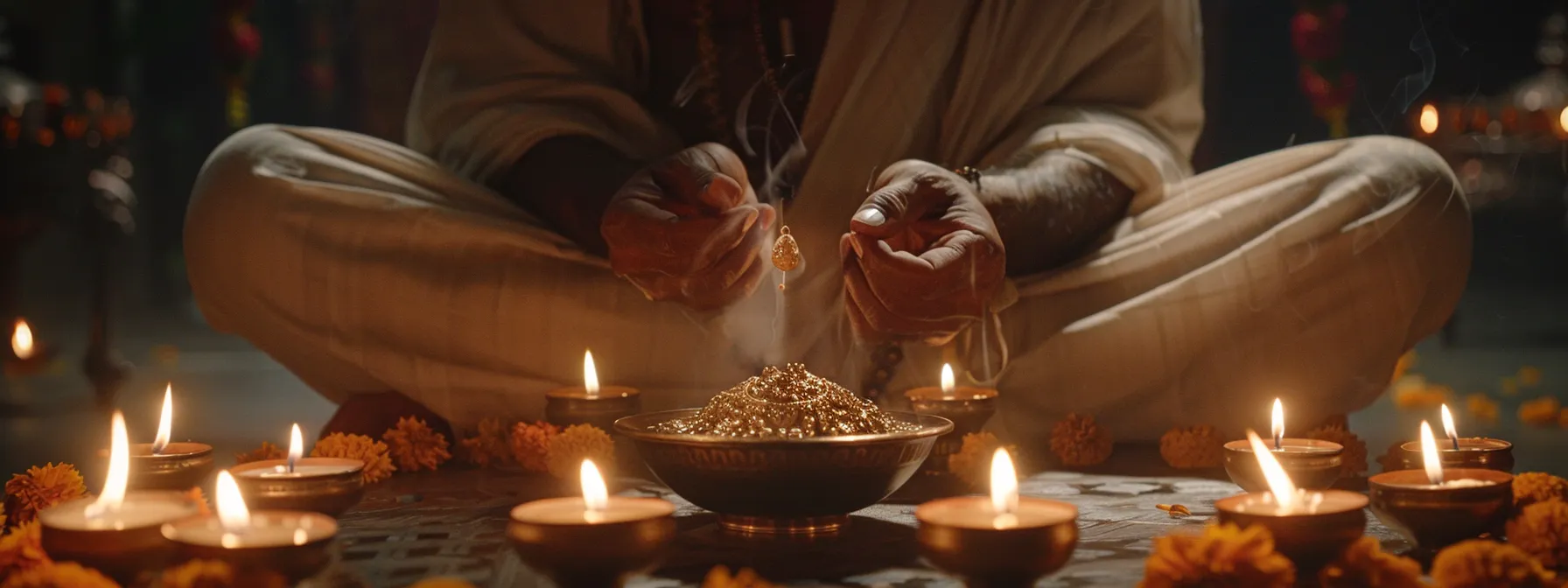 a serene photo of a person performing a ritual with a shiny eight mukhi rudraksha bead in their hand, surrounded by candles and incense, creating a spiritual ambiance.