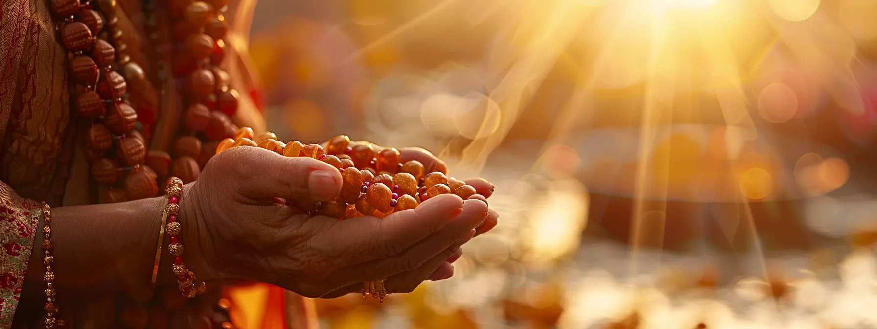 a serene photo of a person wearing the eleven mukhi rudraksha, radiating inner strength and spiritual connection, surrounded by the tranquil essence of the ganges river.