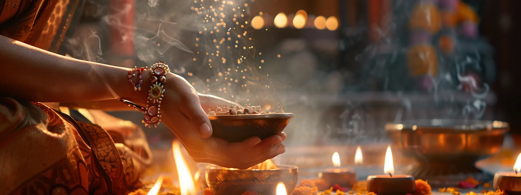 a serene photo of a person holding a sparkling rudraksha bead, surrounded by fragrant incense and glowing candles, ready to begin the cleansing and energizing rituals.