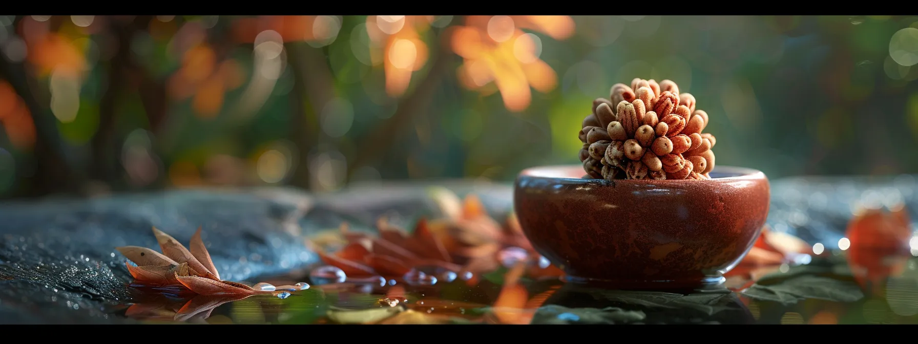 a serene photo of a pristine seven mukhi rudraksha bead gently wiped with oil, surrounded by natural elements, highlighting its purity and connection to healing.