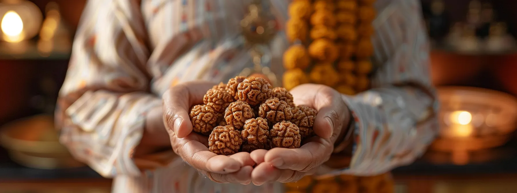 a serene photo of a reputable seller displaying a genuine sixteen mukhi rudraksha with authenticity certificates and documentation in the background.