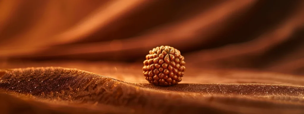 a serene photo of a shimmering fifteen mukhi rudraksha bead displayed on a smooth, dark velvet background.