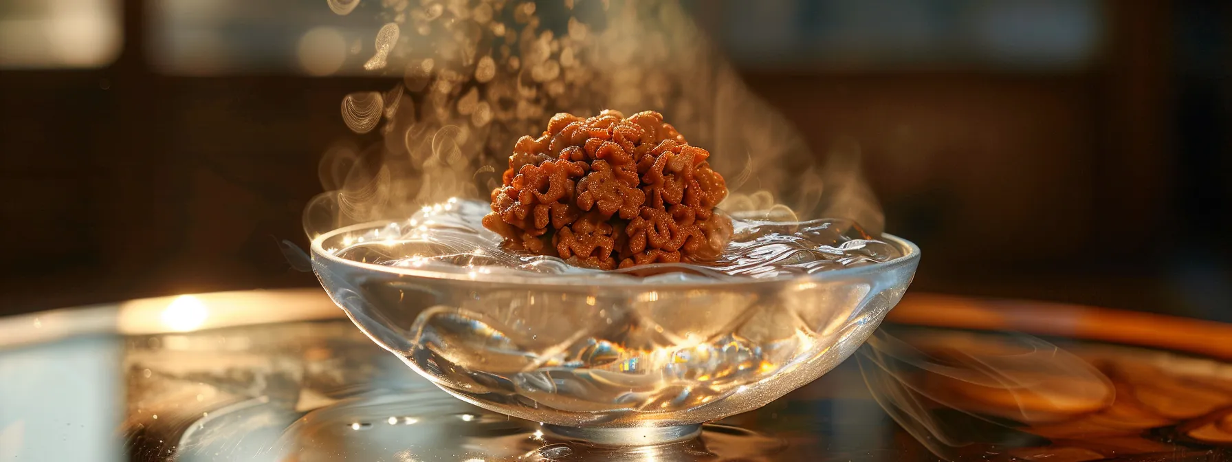 a serene photo of a twelve mukhi rudraksha being cleansed in a crystal-clear bowl of holy water.