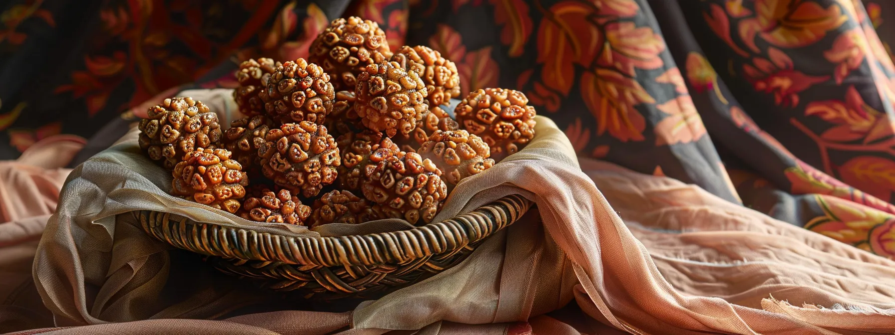 a serene photo of nineteen mukhi rudraksha beads wrapped in natural fabric, stored in an airtight container to preserve their spiritual efficacy.